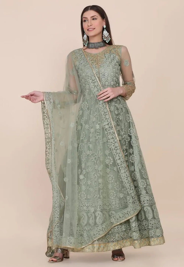 Pista Green Net Anarkali Suit