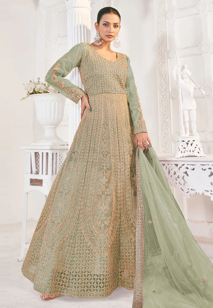 Pista Green Net Embroidered Anarkali Suit