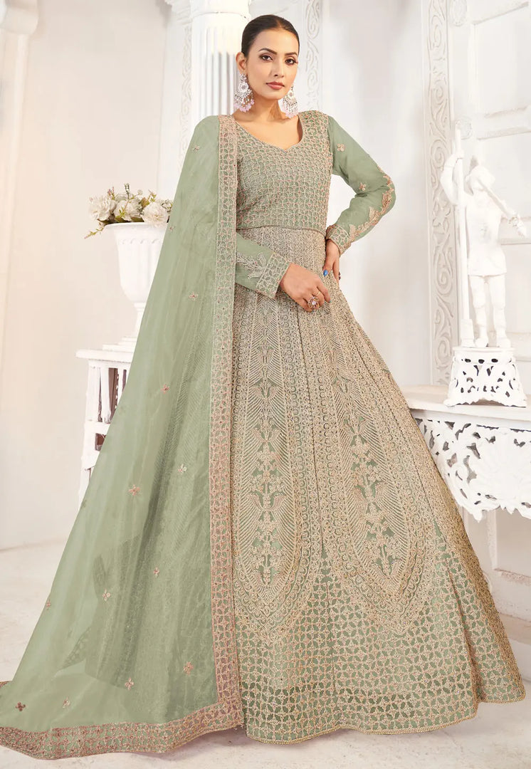 Pista Green Net Embroidered Anarkali Suit