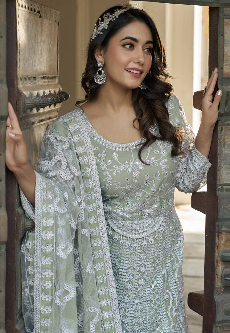 Pista Green Net Embroidered Anarkali Suit