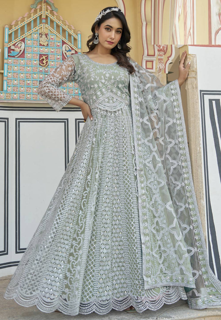 Pista Green Net Embroidered Anarkali Suit