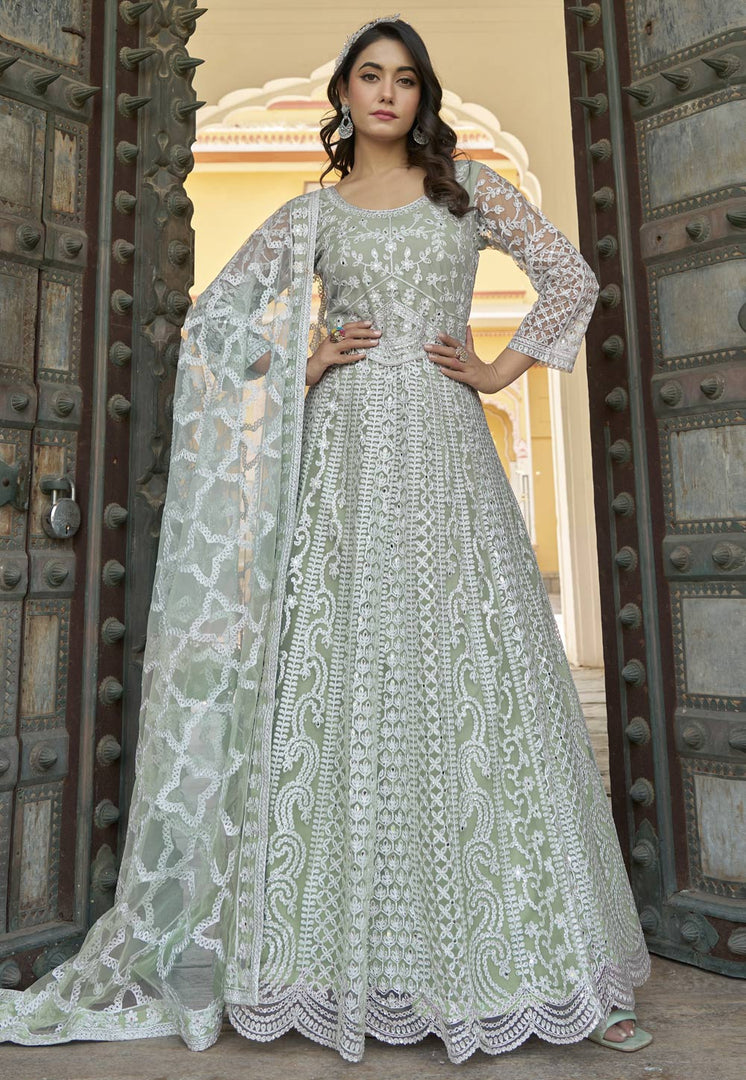 Pista Green Net Embroidered Anarkali Suit