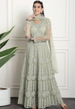 Load image into Gallery viewer, Pista Green Net Embroidered Long Anarkali Suit
