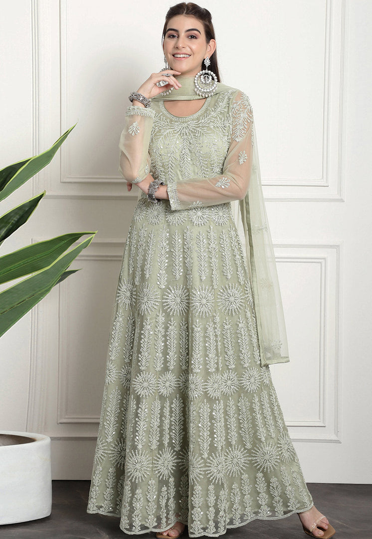 Pista Green Net Embroidered Long Anarkali Suit