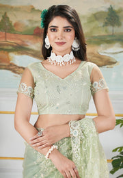 Pista Green Net Saree With Blouse