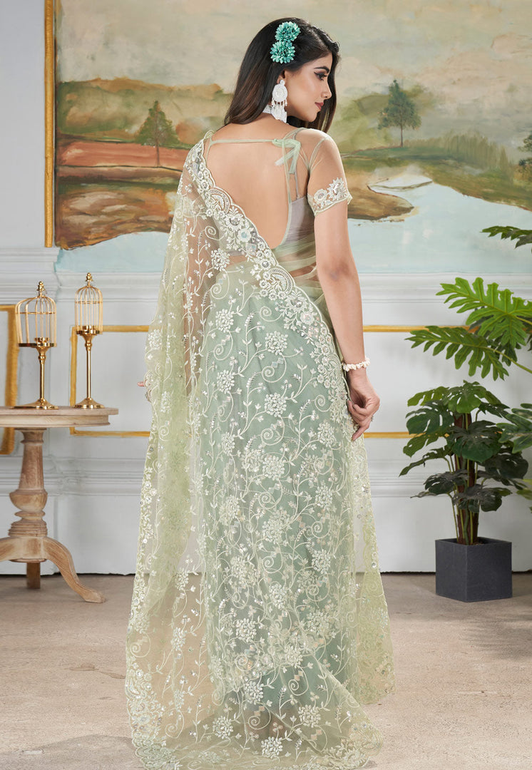 Pista Green Net Saree With Blouse