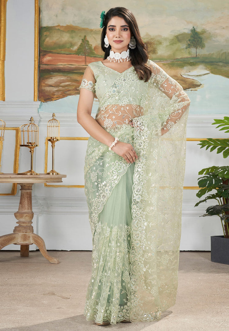 Pista Green Net Saree With Blouse