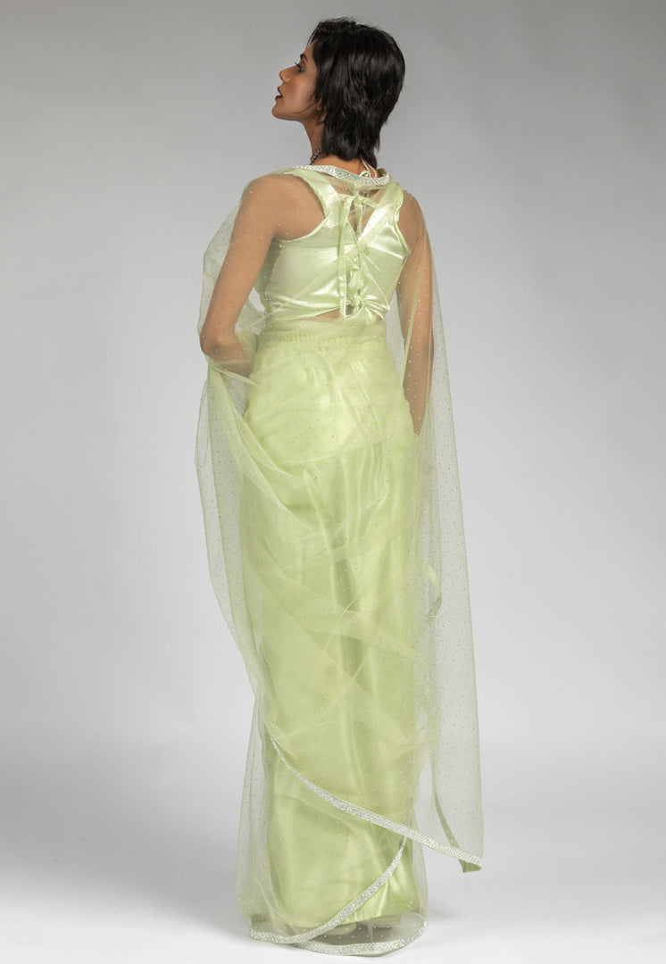 Pista Green Net Saree With Blouse