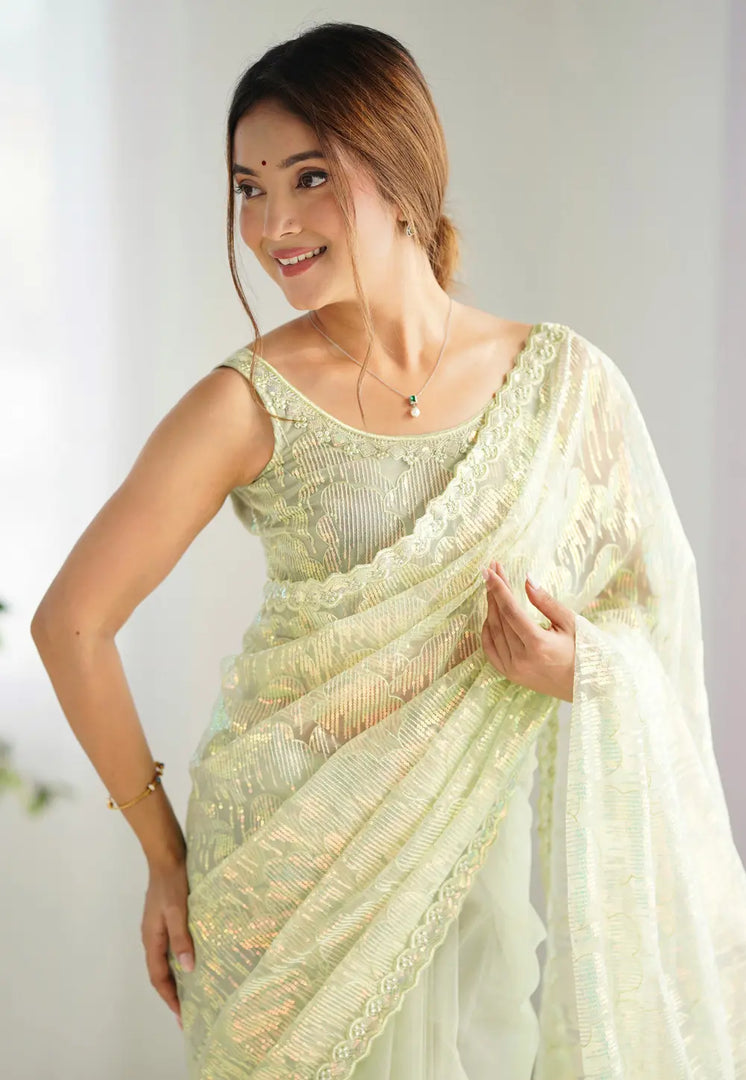 Pista Green Net Saree With Blouse