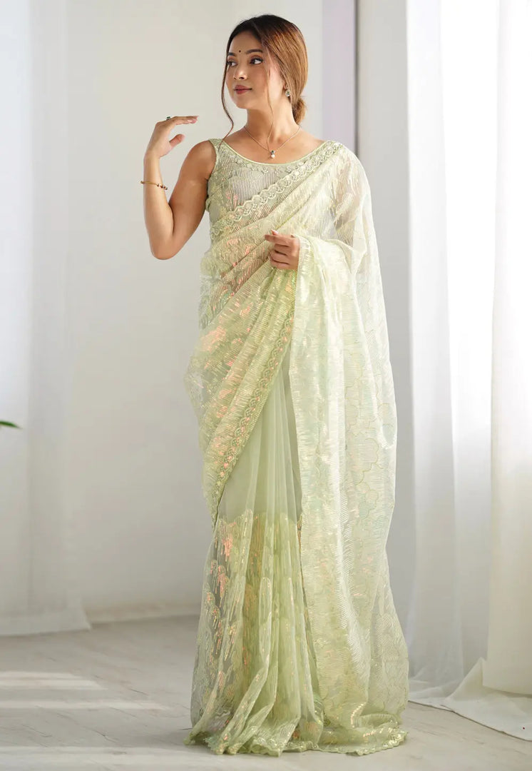 Pista Green Net Saree With Blouse