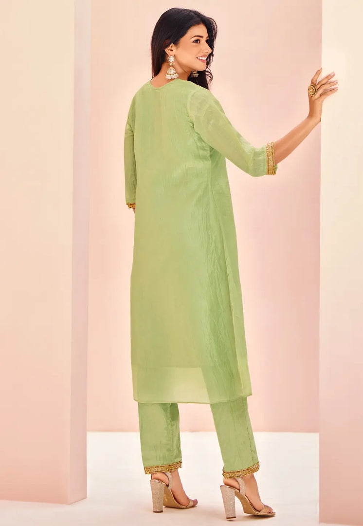 Pista Green Organza Kurta Set With Pent