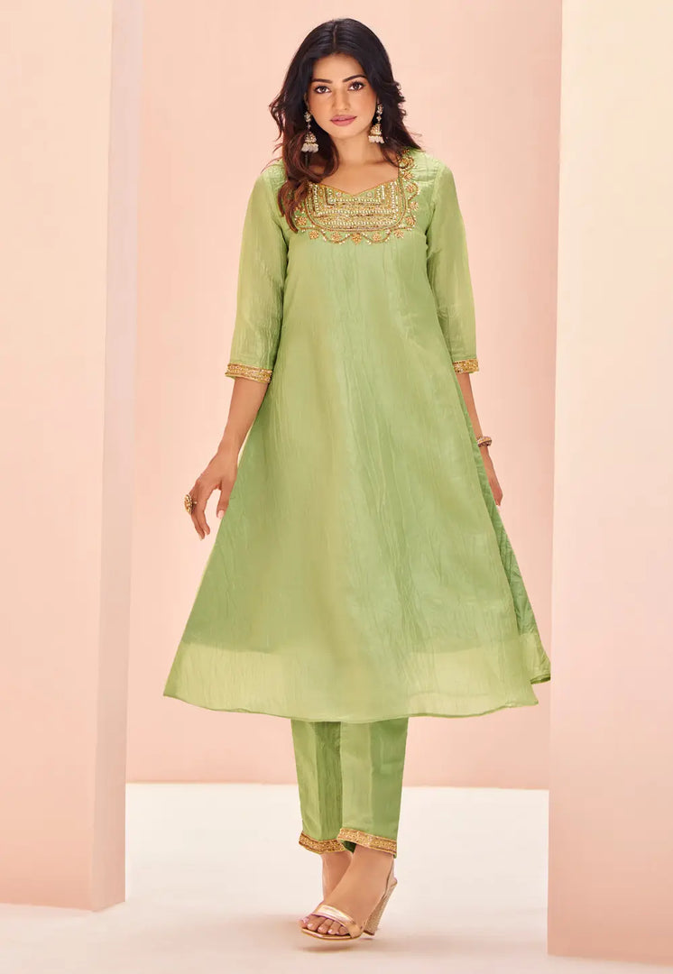 Pista Green Organza Kurta Set With Pent
