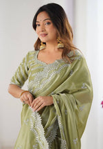 Load image into Gallery viewer, Pista Green Organza Saree With Blouse
