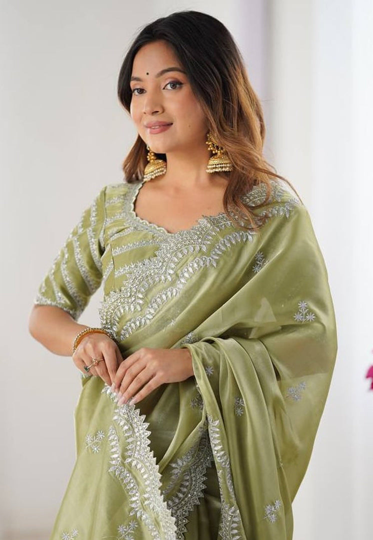 Pista Green Organza Saree With Blouse