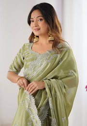 Pista Green Organza Saree With Blouse