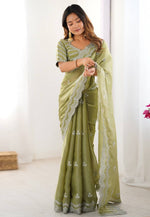 Load image into Gallery viewer, Pista Green Organza Saree With Blouse
