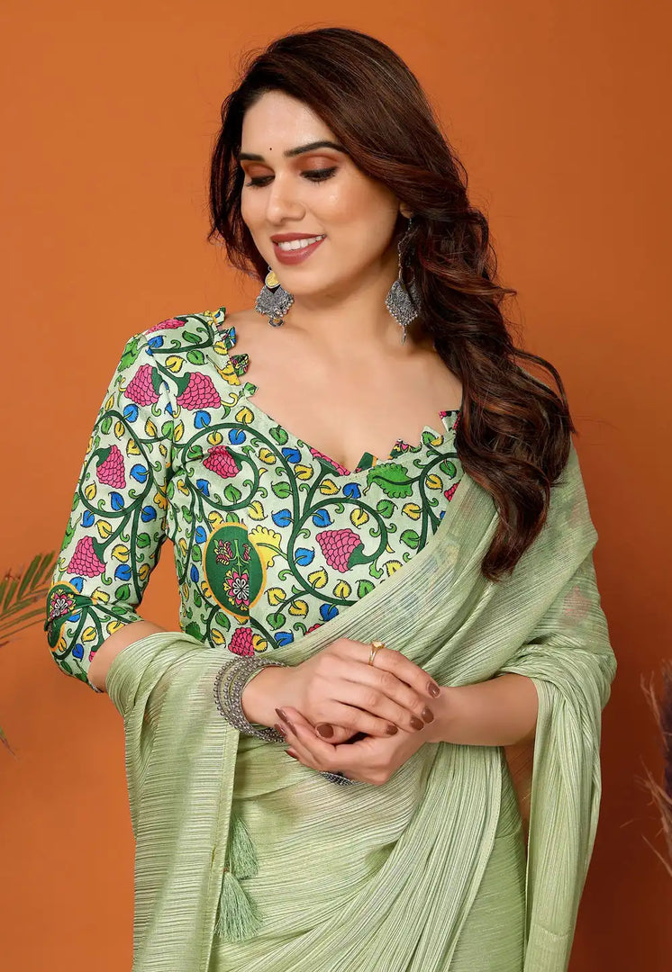 Pista Green Polyester Saree With Blouse