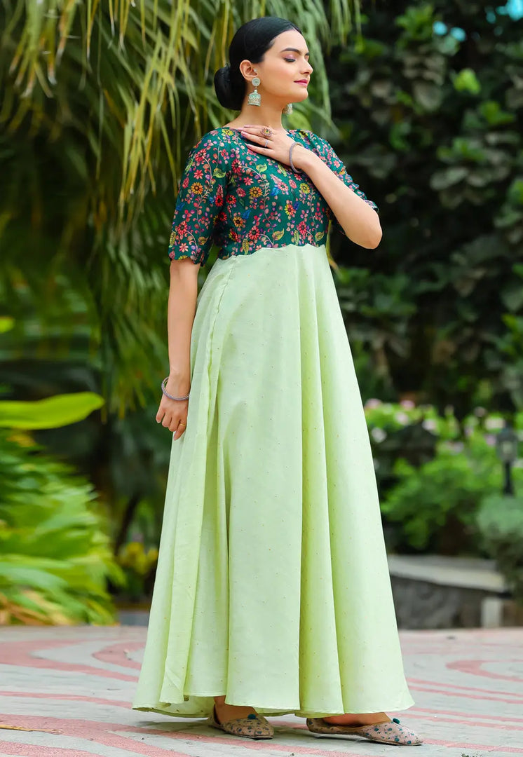 Pista Green Satin Silk Gown