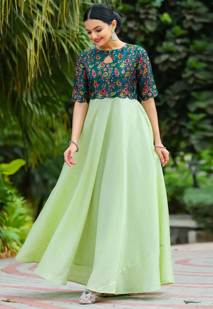 Pista Green Satin Silk Gown