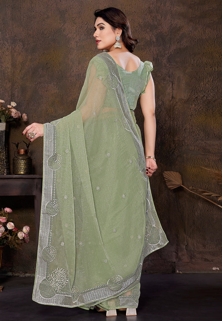 Pista Green Shimmer Saree With Blouse