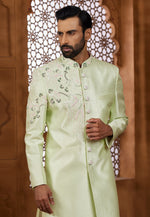 Load image into Gallery viewer, Pista Green Silk Indo Western Sherwani
