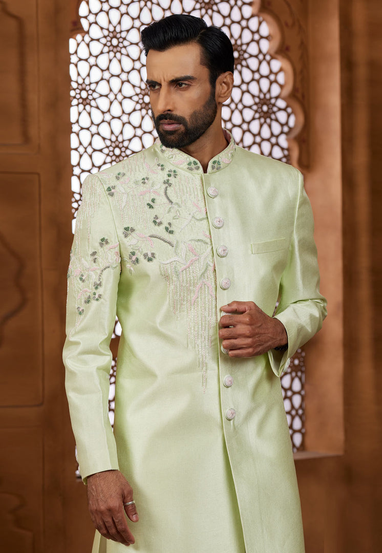 Pista Green Silk Indo Western Sherwani