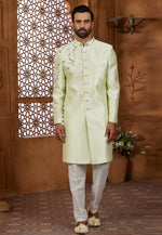 Load image into Gallery viewer, Pista Green Silk Indo Western Sherwani
