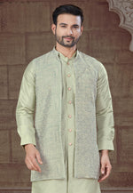 Load image into Gallery viewer, Pista Green Silk Indo Western Suit
