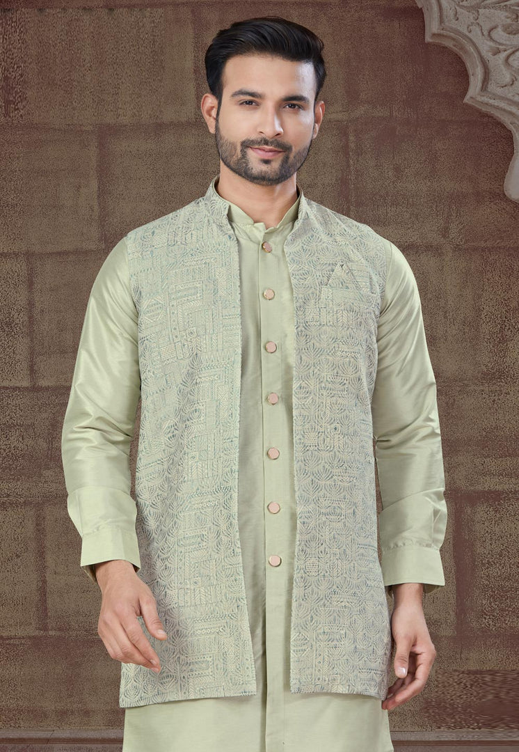 Pista Green Silk Indo Western Suit