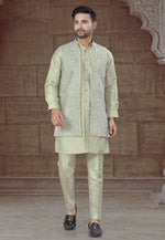 Load image into Gallery viewer, Pista Green Silk Indo Western Suit
