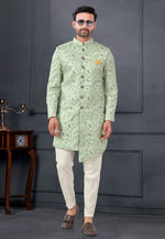 Load image into Gallery viewer, Pista Green Silk Indo Western Suit

