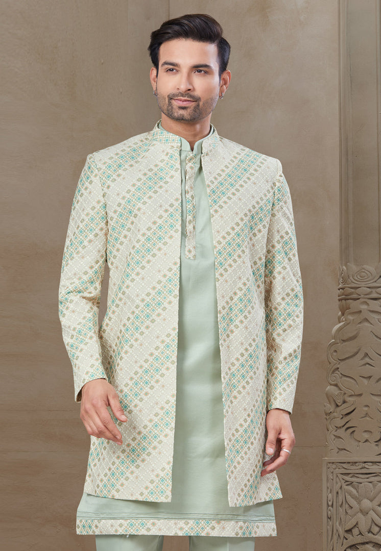 Pista Green Silk Indo Western Suit