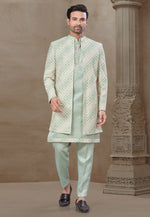 Load image into Gallery viewer, Pista Green Silk Indo Western Suit
