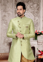 Load image into Gallery viewer, Pista Green Silk Indo Western Suit

