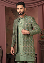 Load image into Gallery viewer, Pista Green Silk Jacket Style Sherwani
