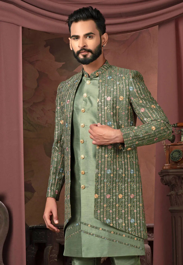Pista Green Silk Jacket Style Sherwani