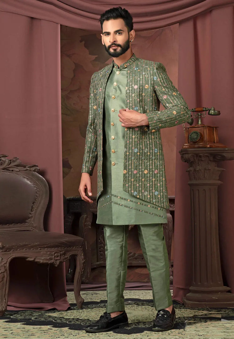 Pista Green Silk Jacket Style Sherwani