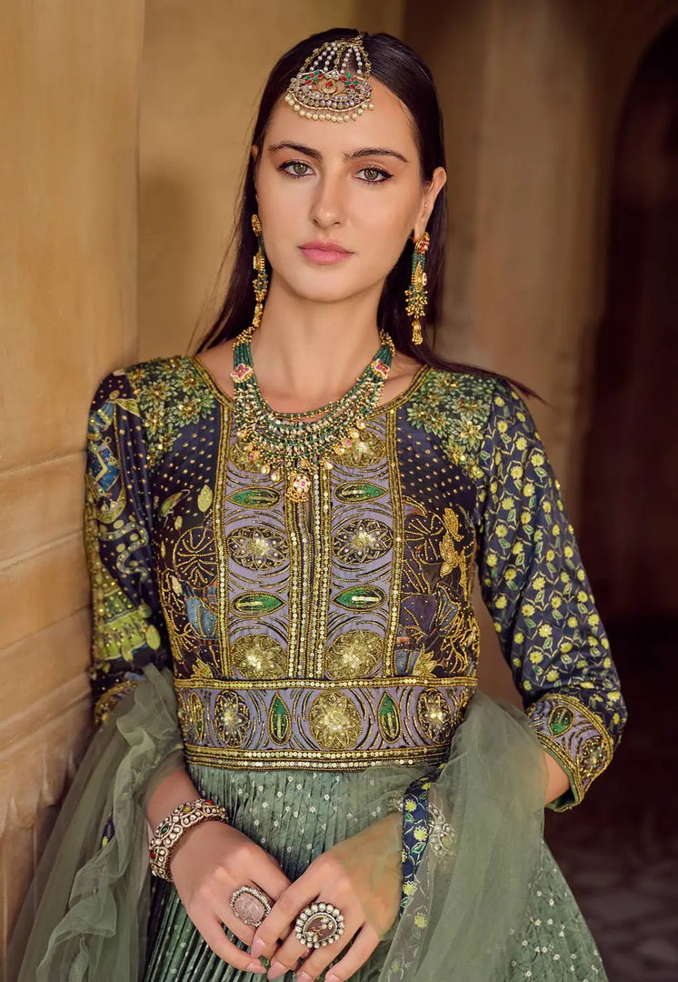 Pista Green Silk Long Anarkali Suit