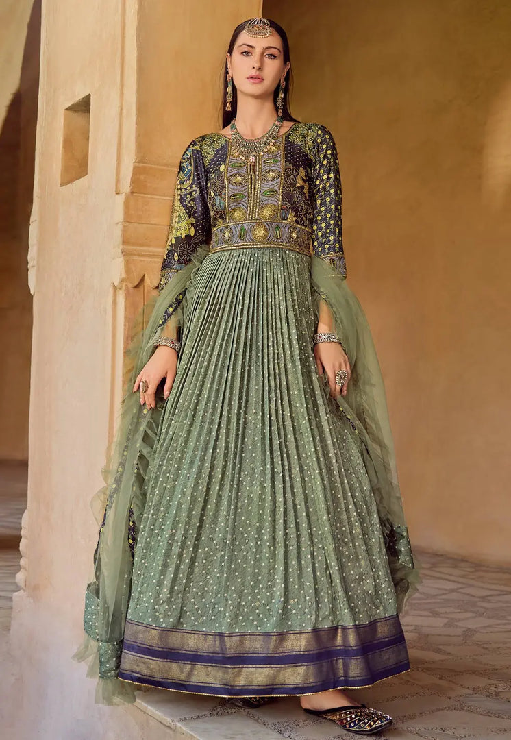 Pista Green Silk Long Anarkali Suit