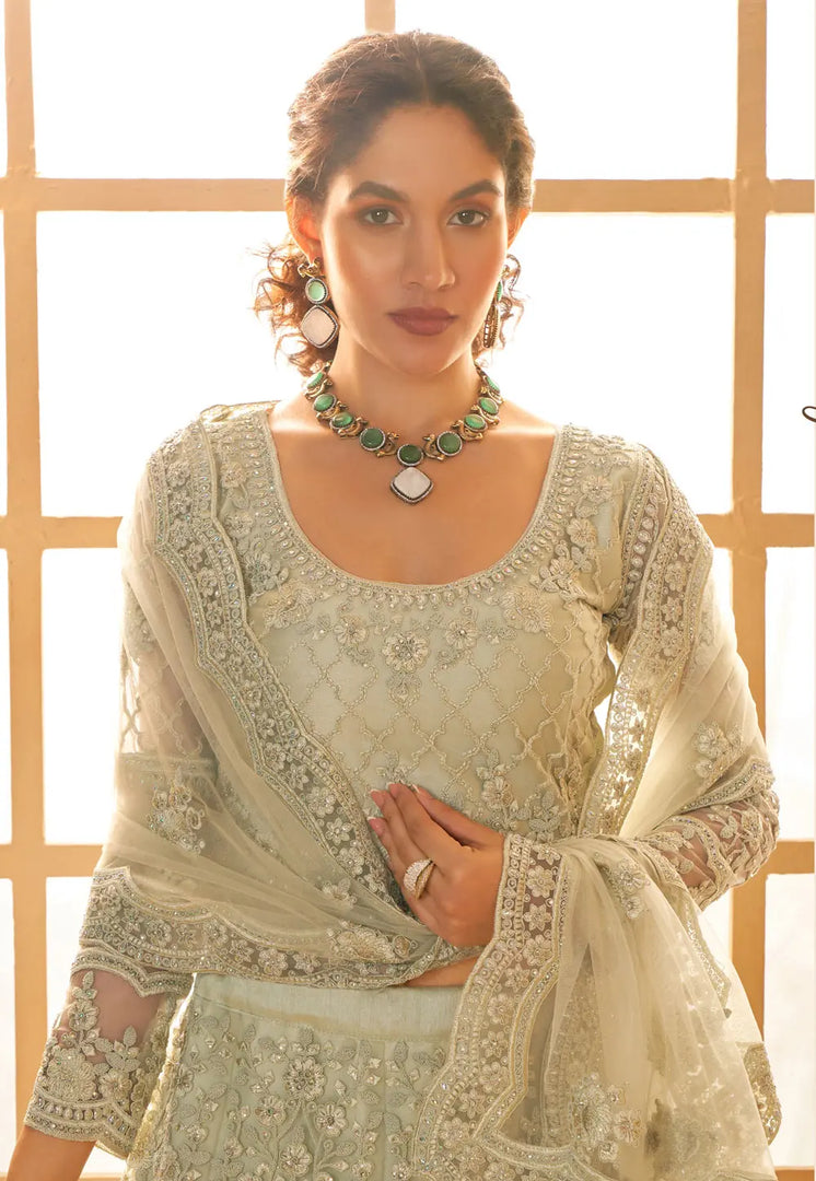 Pista Green Silk Net Lehenga Choli For Wedding