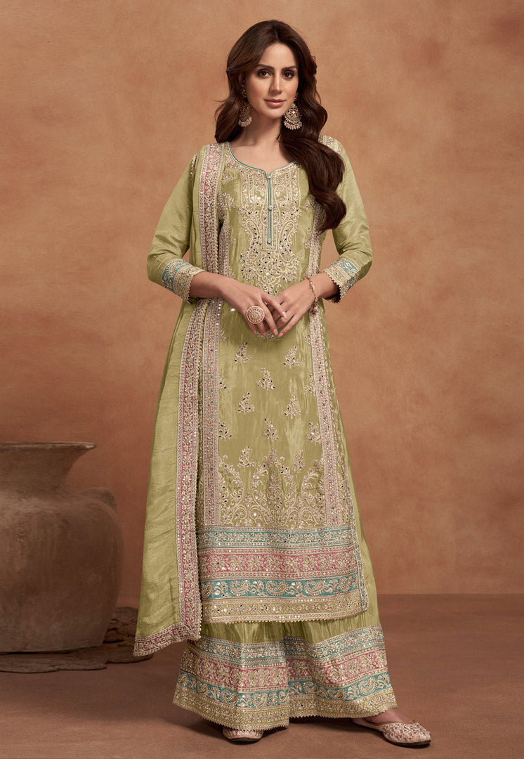 Pista Green Silk Pakistani Suit