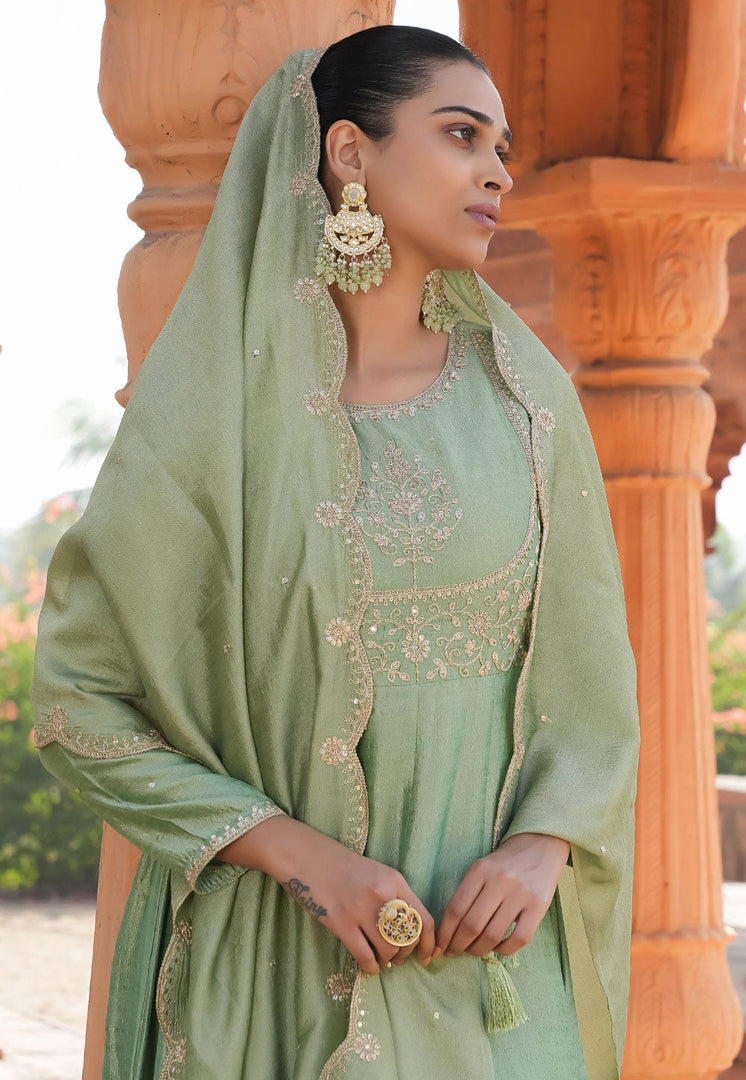 Pista Green Silk Readymade Anarkali Suit