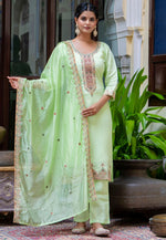 Load image into Gallery viewer, Pista Green Silk Readymade Pant Style Suit
