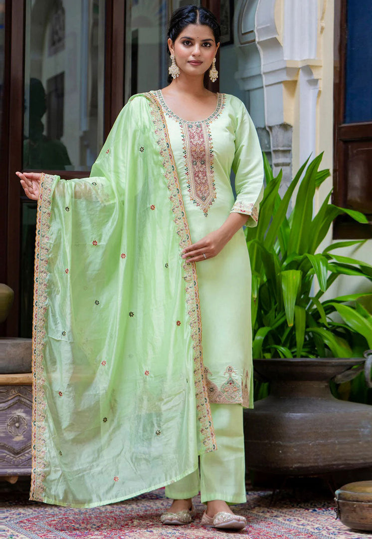 Pista Green Silk Readymade Pant Style Suit