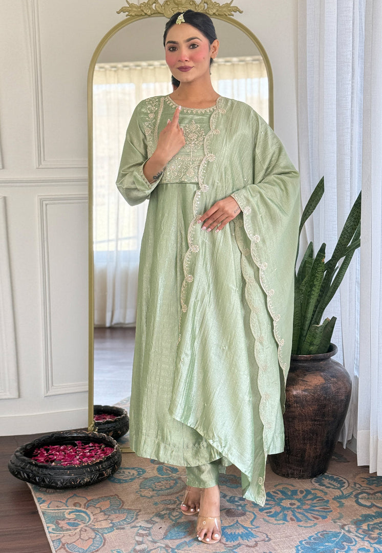 Pista Green Silk Readymade Pant Style Suit