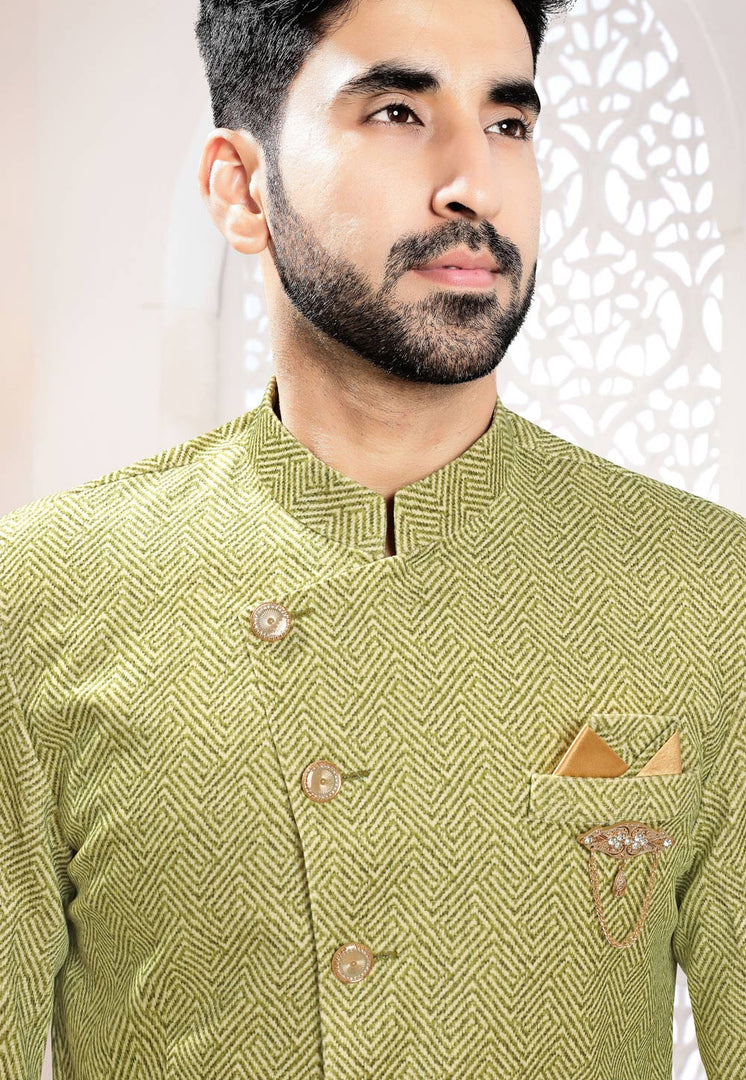 Pista Green Suede Indo Western Suit