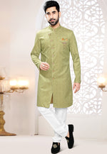 Load image into Gallery viewer, Pista Green Suede Indo Western Suit
