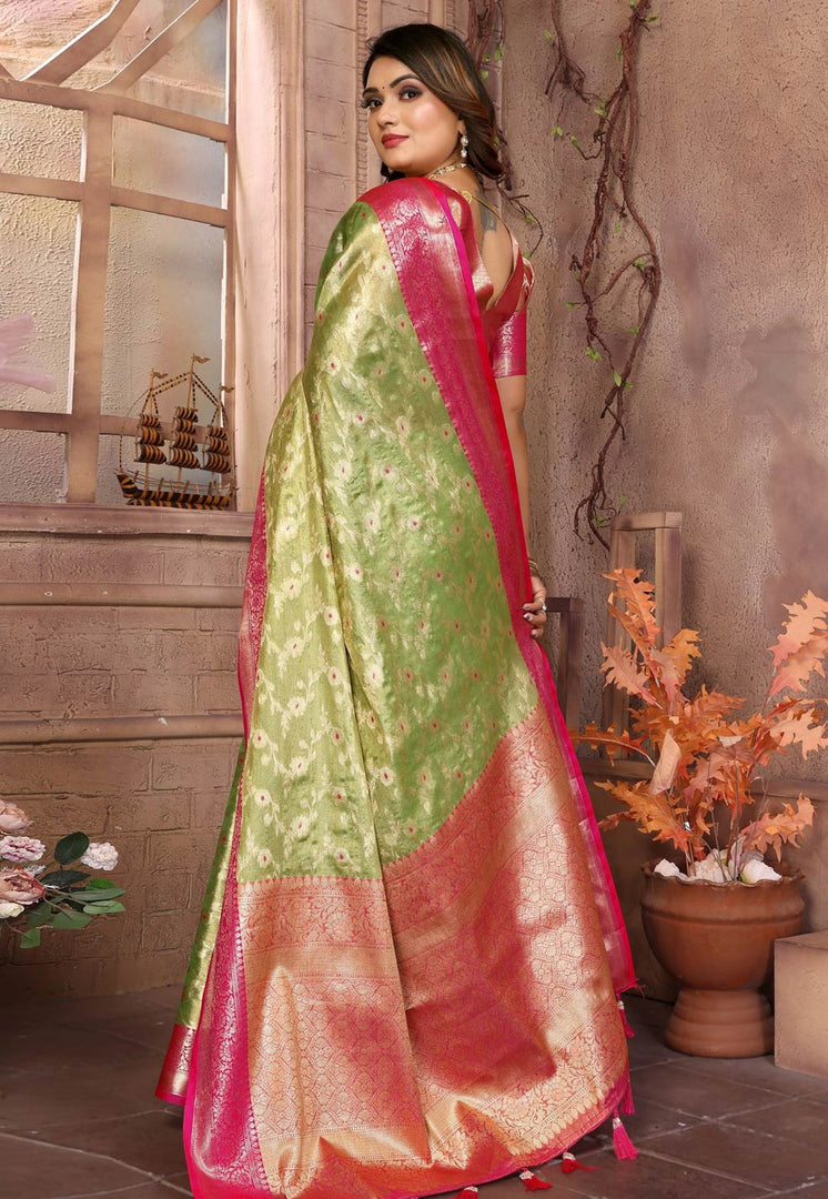 Pista Green Tissue Silk Saree With Blouse