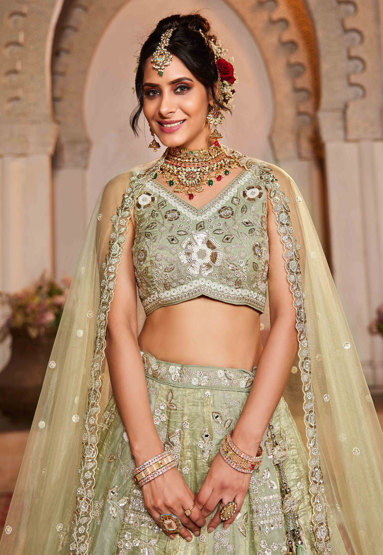 Pista Green Tissue Wedding Lehenga Choli