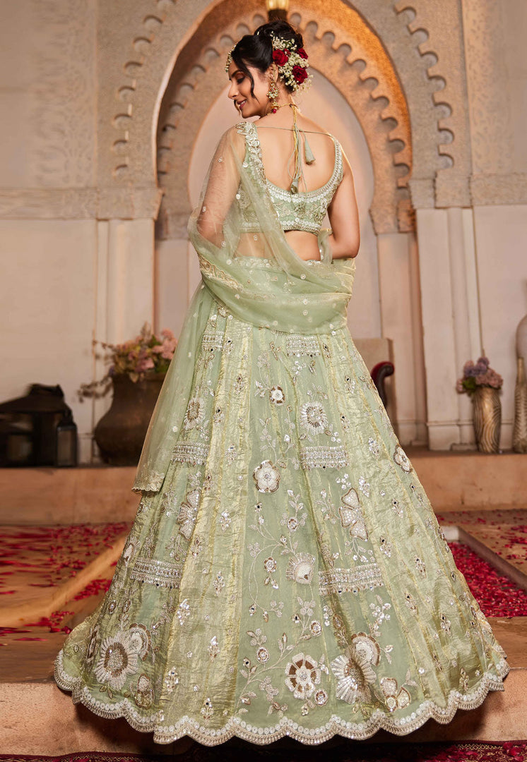 Pista Green Tissue Wedding Lehenga Choli